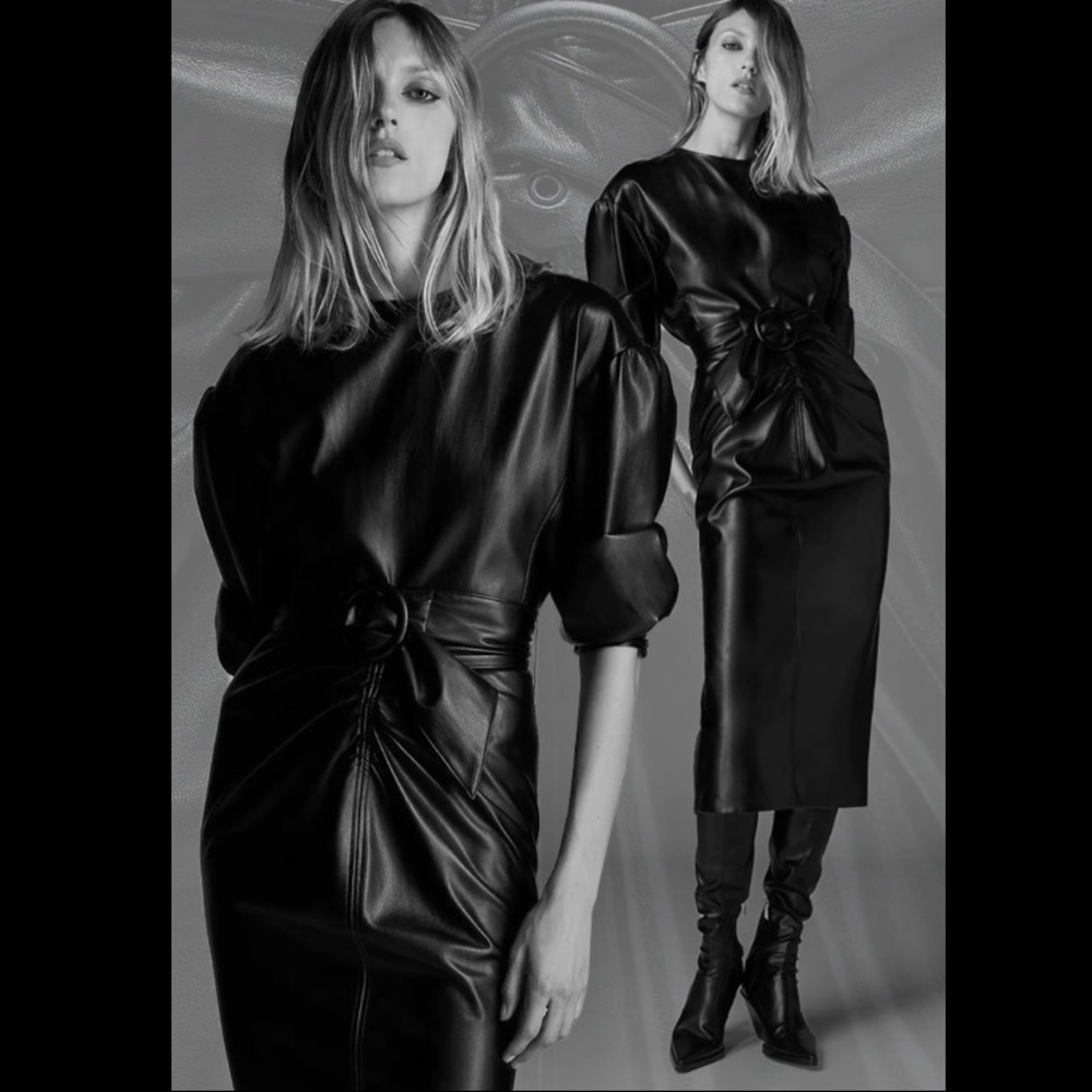 Leather Draped Belted Ruching Midi Dress
